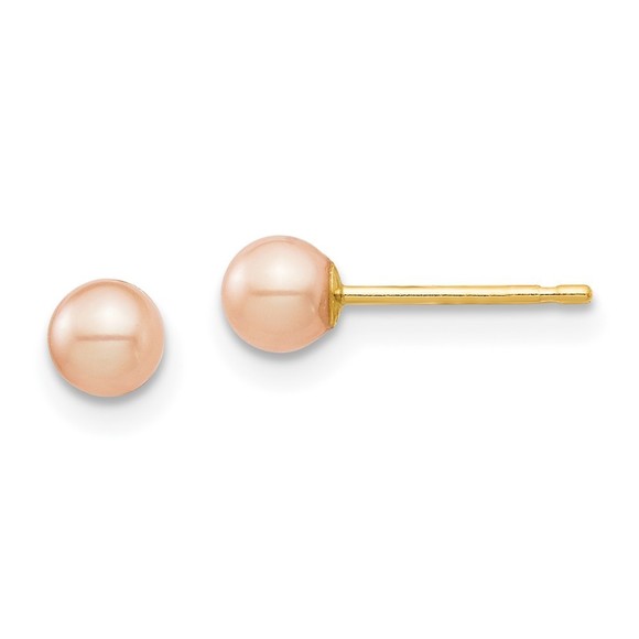 14k Yellow Gold Childrens 3-4mm Pink Round FWC Pearl Stud Post Earrings